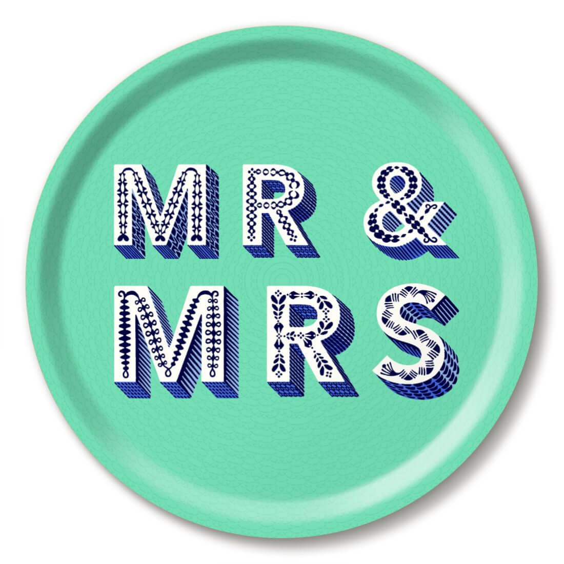 Serving Tray - Asta Barrington "MR & MRS" Green Round Tray (31cm) with decorative text design on a turquoise background.