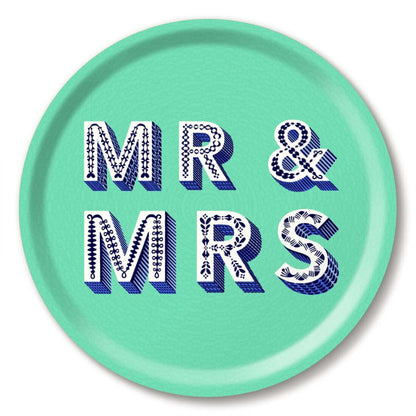 Serving Tray - Asta Barrington "MR & MRS" Green Round Tray (31cm) with decorative text design on a turquoise background.