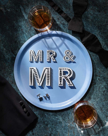 Serving Tray - Asta Barrington "MR & MR" blue round tray showcasing elegant design with drinks and accessories.
