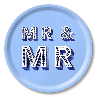 Blue round serving tray featuring the text "MR & MR" in decorative fonts, part of Asta Barrington's collection.
