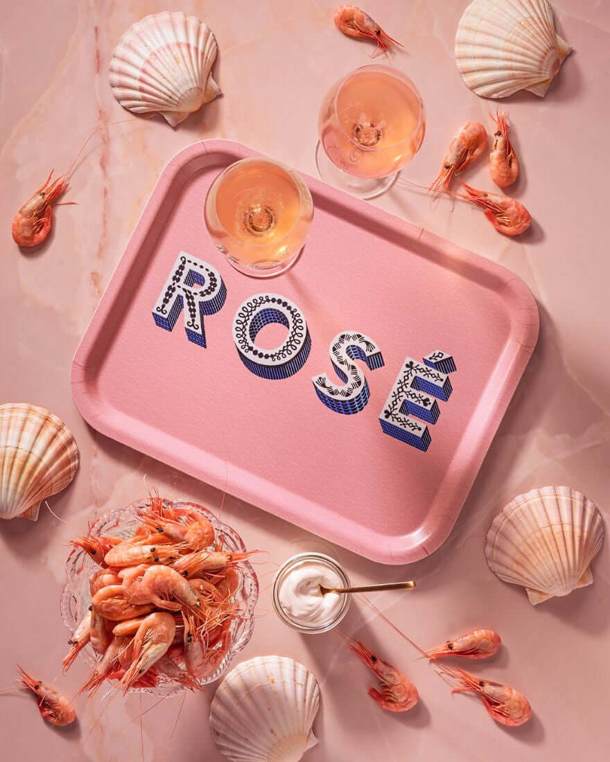 Serving Tray - Asta Barrington "ROSE" Rectangle 36x28cm surrounded by seafood and drinks on a pink background.