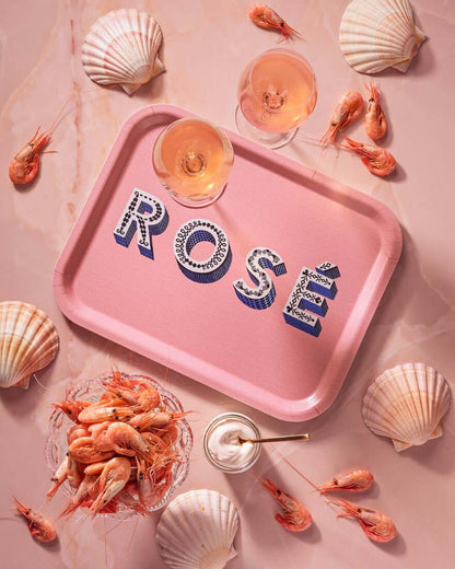 Serving Tray - Asta Barrington "ROSE" Rectangle 36x28cm surrounded by seafood and drinks on a pink background.