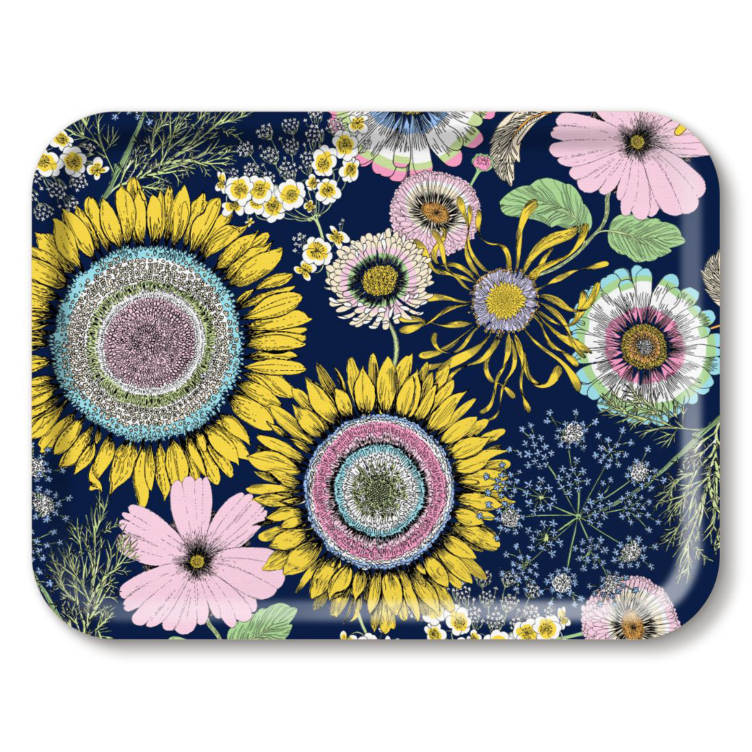 Michael Angove Rectangular Large Navy Tray - Sunflowers (43 x 33cm)