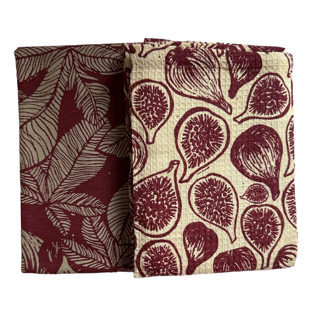 Fig Tree in Ruby Red Two Pack Tea Towels - Recycled Cotton