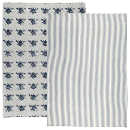 Tea Towel - Raine & Humble - Prussia Blue Honey Bee & Stripe Two Pack Tea Towels - Recycled Cotton