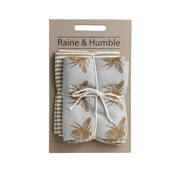 Tea Towel - Raine & Humble - Raine & Humble Mustard Honey Bee & Stripe Two Pack Tea Towels - Recycled Cotton