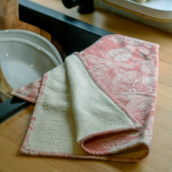 Tea Towel - Raine & Humble - Terry Towelling Fig Leaves Tea Towel in Dawn Rose - Recycled Cotton