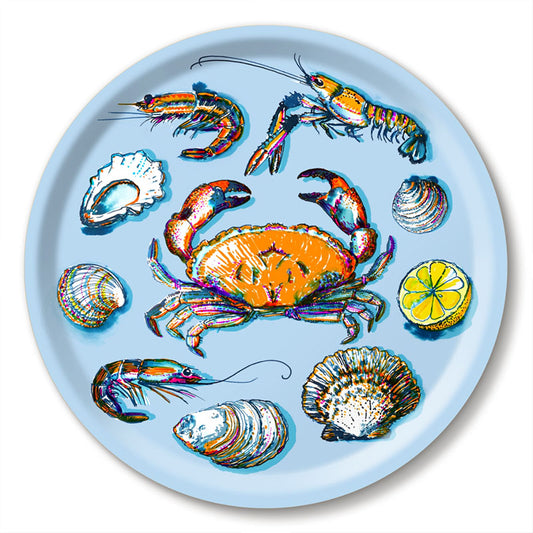Michael Angove Seafood Print Birch 39cm Blue Round Tray